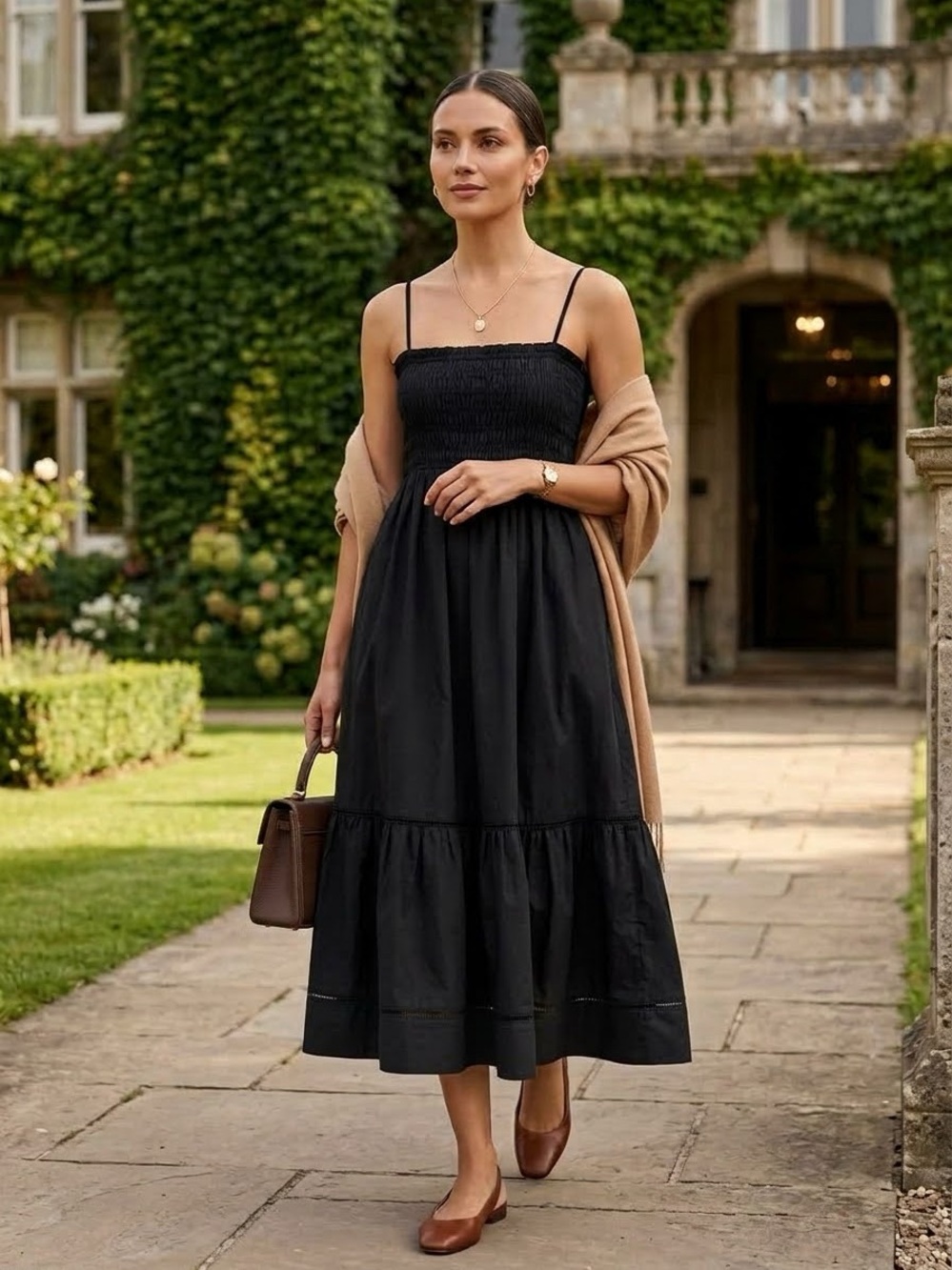 Anthropologie o.p.t Black Smocked Tiered Cotton Midi Dress M Neutral Elevated